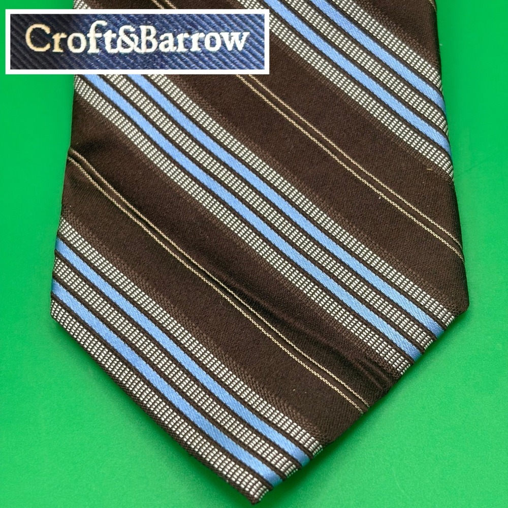 Croft Barrow 100% Silk Necktie Mens 60" Brown/Blue Diagonal Striped Handmade Tie